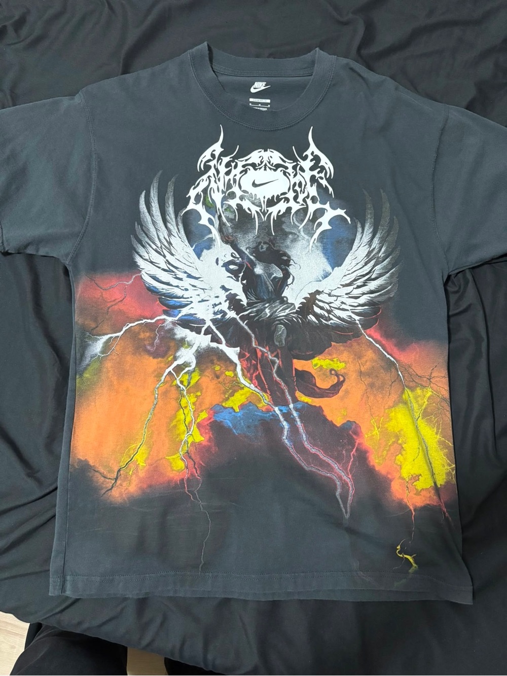 Nike Black Graphic Winged Panther Lightning Tee with Orange & Yellow Storm